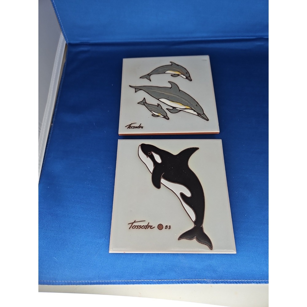 Cleo Teissedre Art Tile Trivet Coaster ORCA WHALE DOLPHINS 1983 Wall Plaque 6x6 - Picture 2 of 11